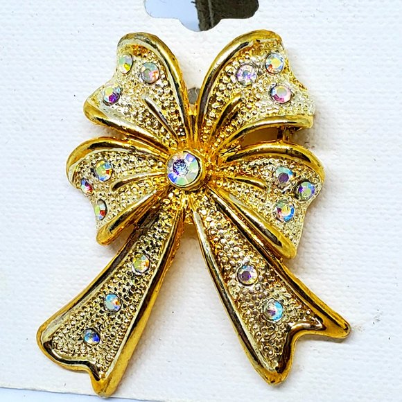 Vintage Holiday Rhinestone Bow Pin Brooch Gold & Silver Christmas Holiday - NOS - Picture 3 of 6